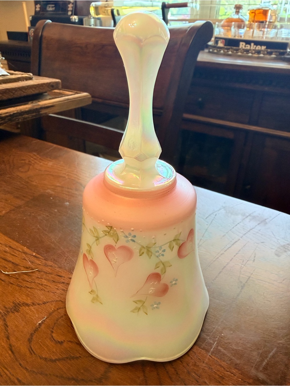 Fenton Hand Painted Bell Iridescent Pink Heart Floral Decorative Hand Bell 1993